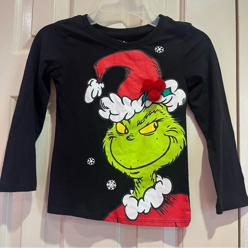Grinch Dr. Seuss Long Sleeve Grinch w/ Pom Poms T-Shirt Size XS 4-5 Black